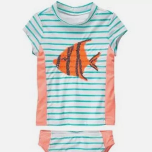 NWT Gymboree Sequin Angel Fish Striped Rashguard Swim Set Swimsuit Girls L 10 12 - Picture 2 of 2